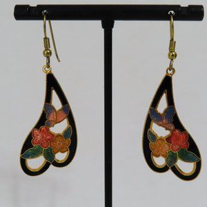 Vintage cloisonné gold tone filigree floral drop earrings